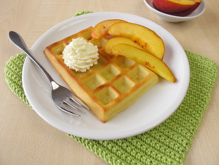 Waffles with Honey Cream and Grilled Peaches